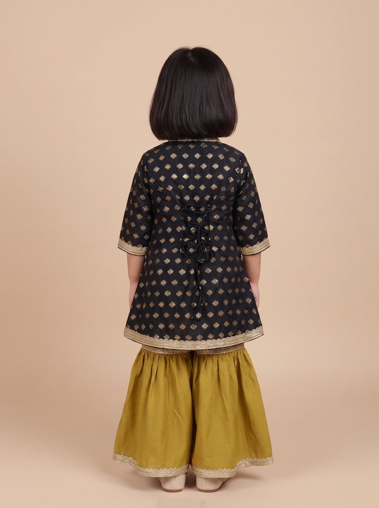 Chamki x Tyohaar | Black Butta Satin Viscose Angrakha-Sharara Set