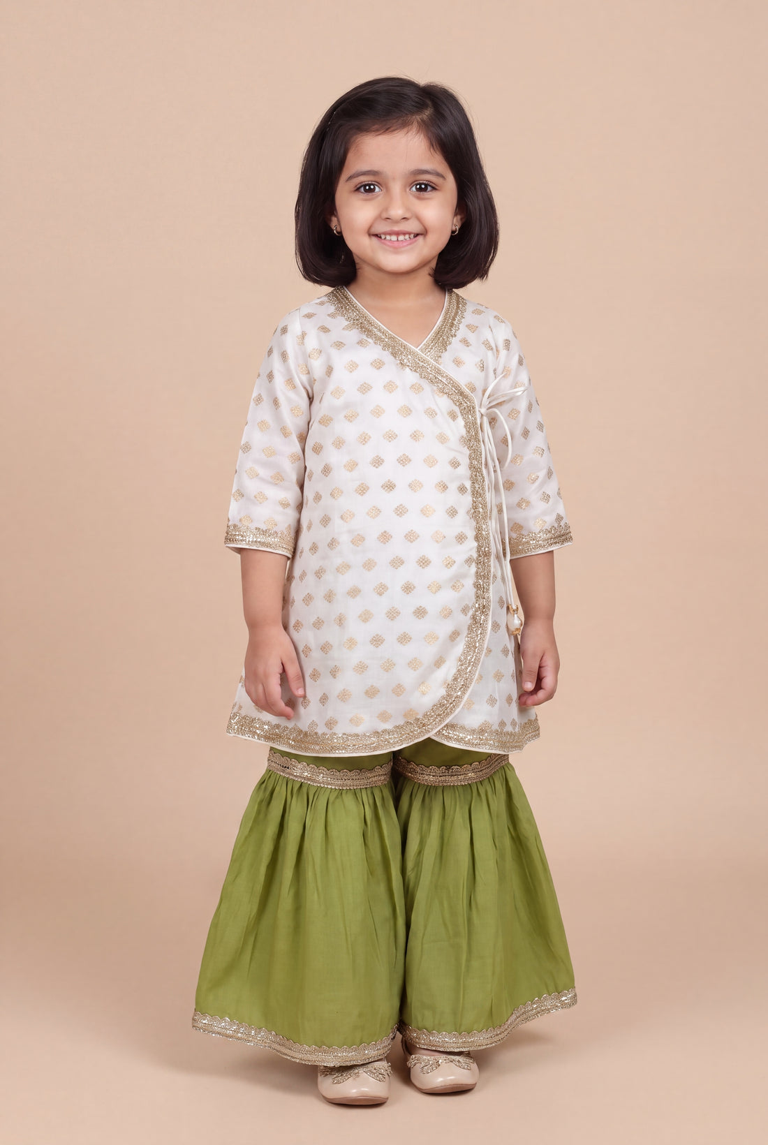 Chamki x Tyohaar | White Butta Satin Viscose Angrakha-Sharara Set