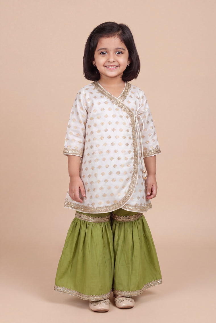Chamki x Tyohaar | White Butta Satin Viscose Angrakha-Sharara Set