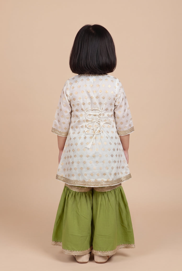 Chamki x Tyohaar | White Butta Satin Viscose Angrakha-Sharara Set