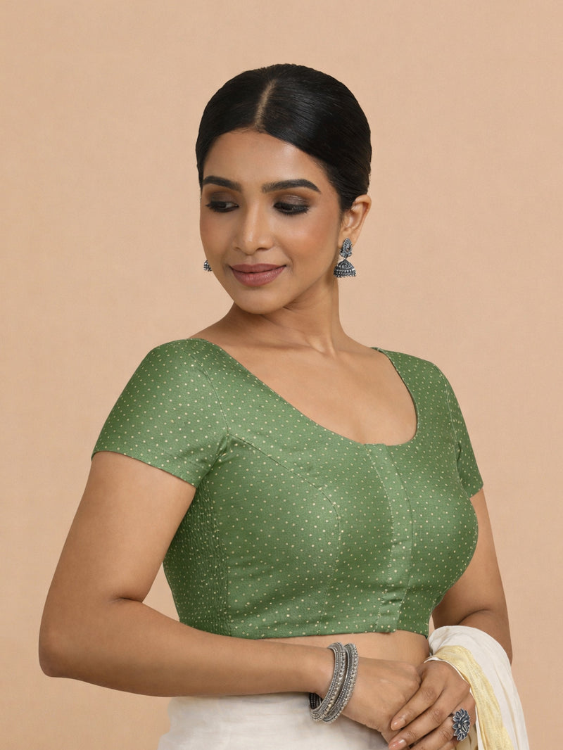Chandrika x Tyohaar | Short Sleeve Green Foil Chandheri Saree Blouse