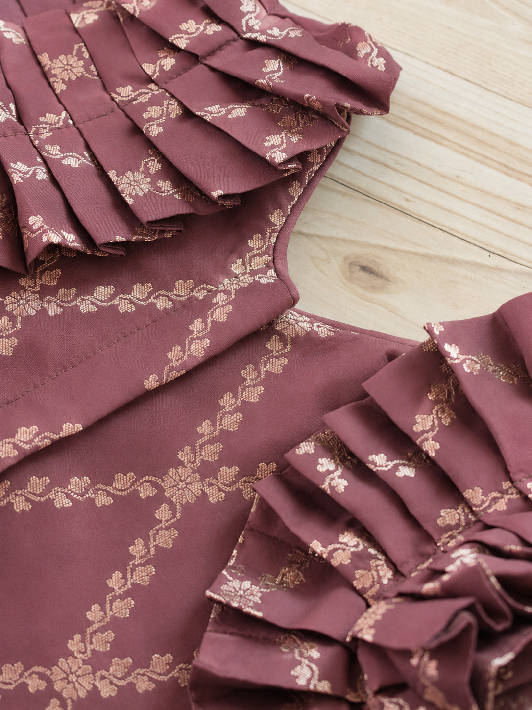 Pari x Tyohaar | Dusky Mauve Vine Mesh Brocade Ruffle Sleeve Pattu Pavadai