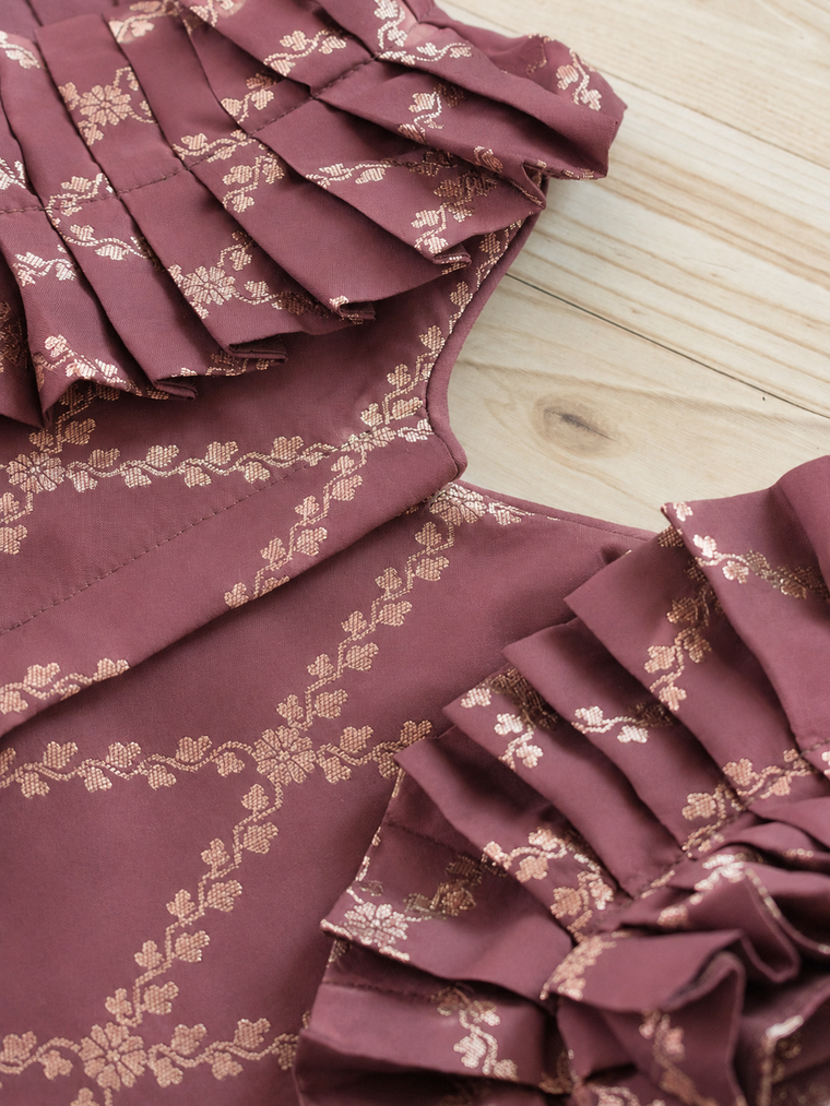 Pari x Tyohaar | Dusky Mauve Vine Mesh Brocade Ruffle Sleeve Pattu Pavadai