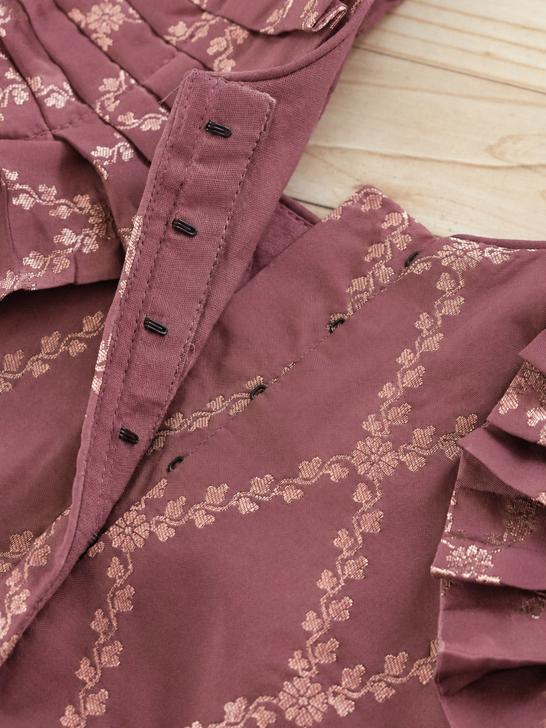 Pari x Tyohaar | Dusky Mauve Vine Mesh Brocade Ruffle Sleeve Pattu Pavadai