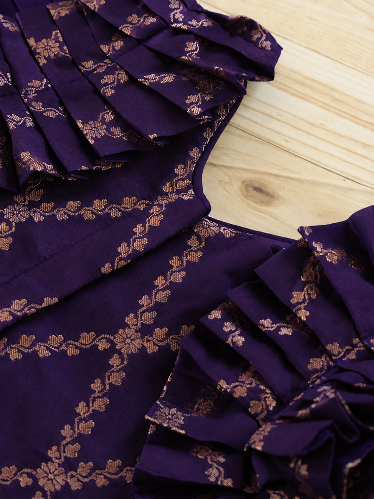 Pari x Tyohaar | Orchid Plum Vine Mesh Brocade Ruffle Sleeve Pattu Pavadai