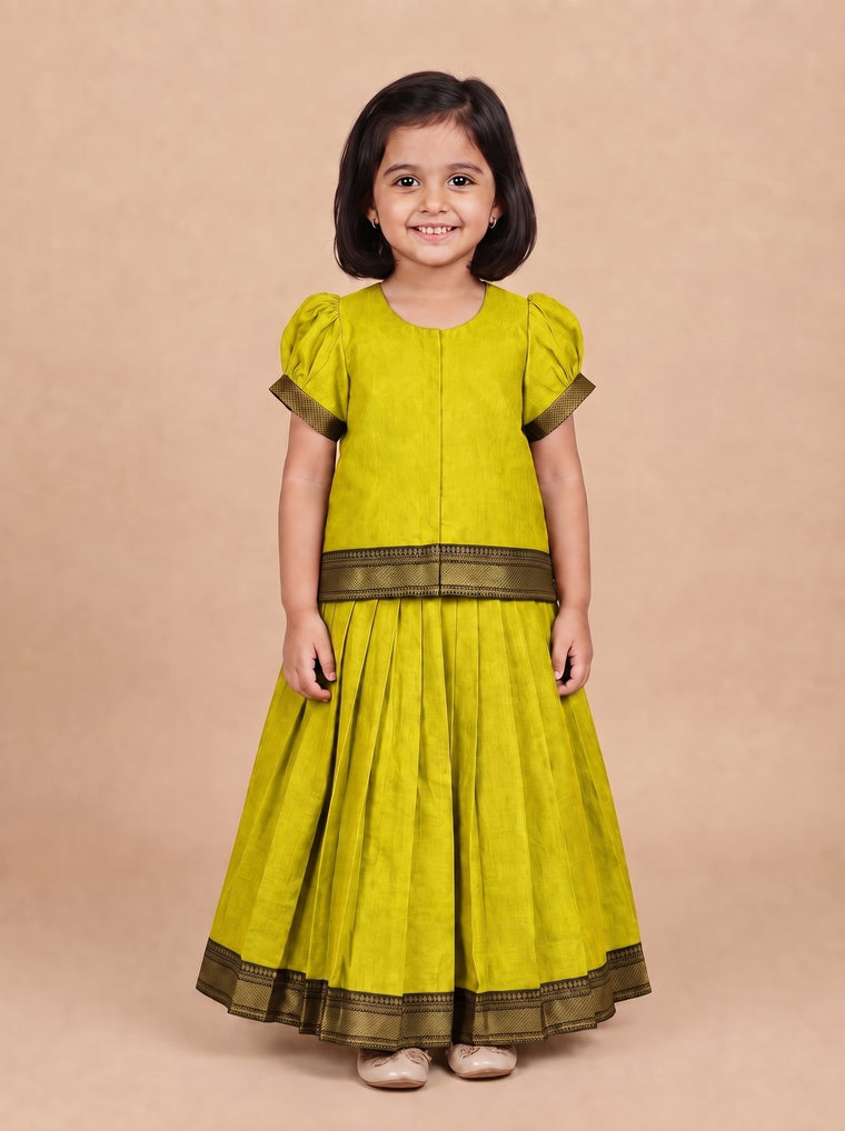 Kani x Tyohaar | Lemon Green Mangalgiri Cotton Pattu Pavadai