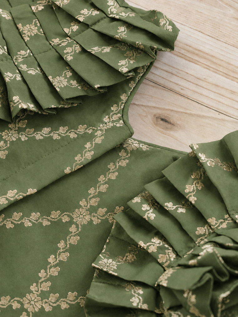 Pari x Tyohaar | Deep Olive Vine Mesh Brocade Ruffle Sleeve Pattu Pavadai