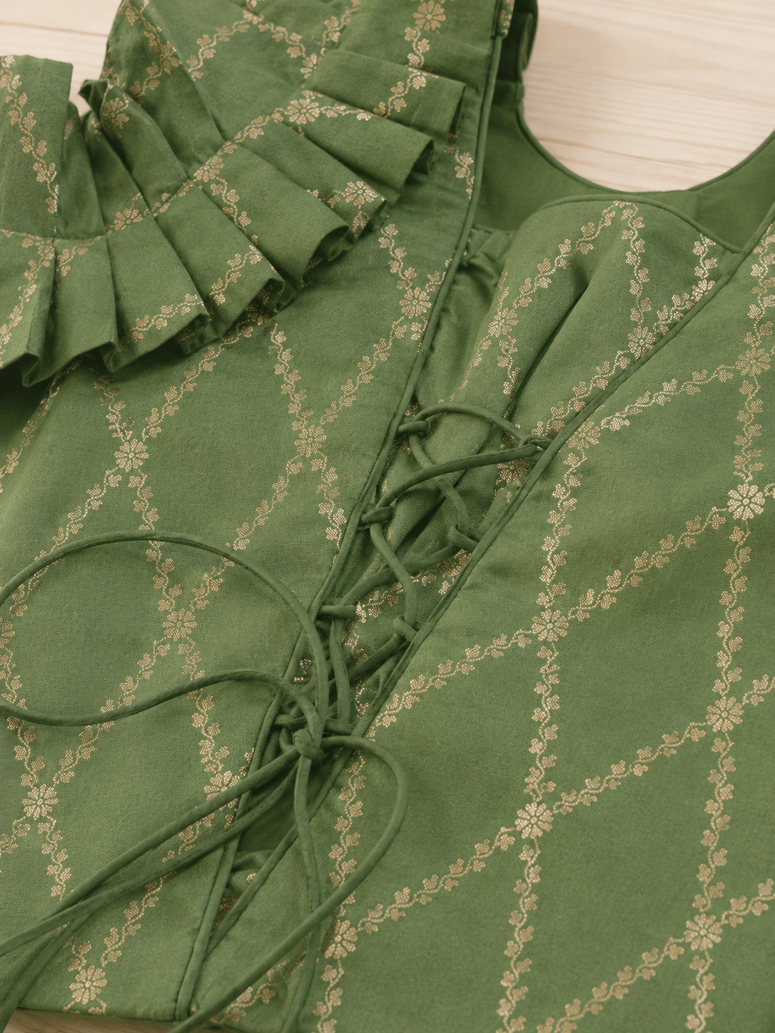 Pari x Tyohaar | Deep Olive Vine Mesh Brocade Ruffle Sleeve Pattu Pavadai