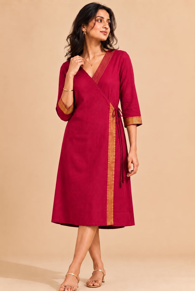Mandira | Wrap Chilli Red Mangalgiri Cotton BreezeFit™ Dress