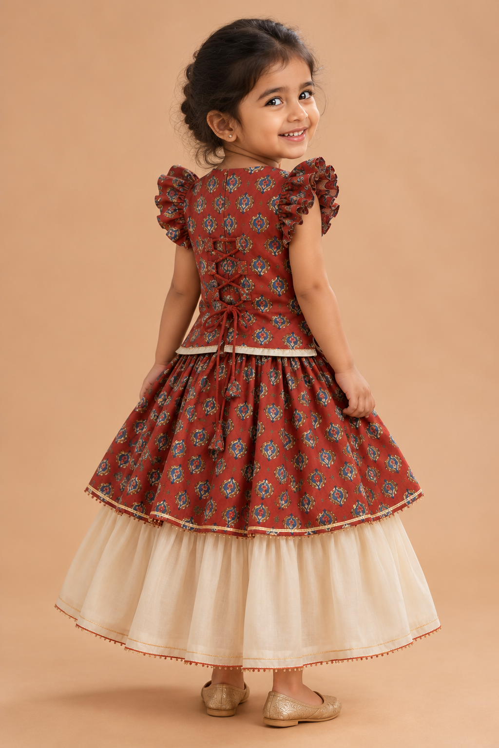 Kuhu x Tyohaar | Tiered Lehenga Set in Crimson Field Block Print Cotton