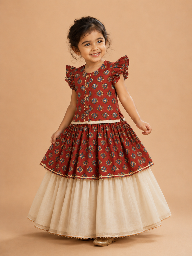 Kuhu x Tyohaar | Tiered Lehenga Set in Crimson Field Block Print Cotton