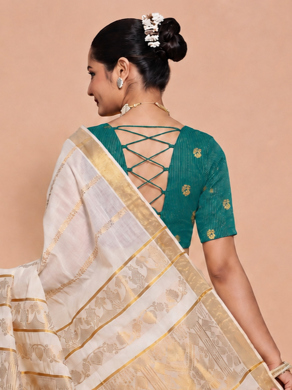 Madhura | Elbow Sleeve Mayur Green Striped Peacock Brocade FlexiFit™ Saree Blouse