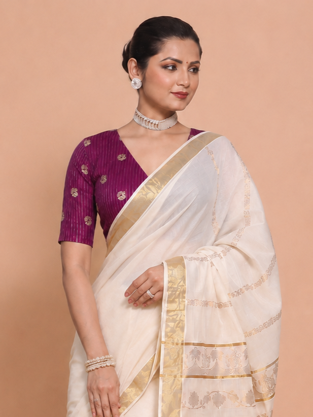 Madhura | Elbow Sleeve Plum Striped Peacock Brocade FlexiFit™ Saree Blouse