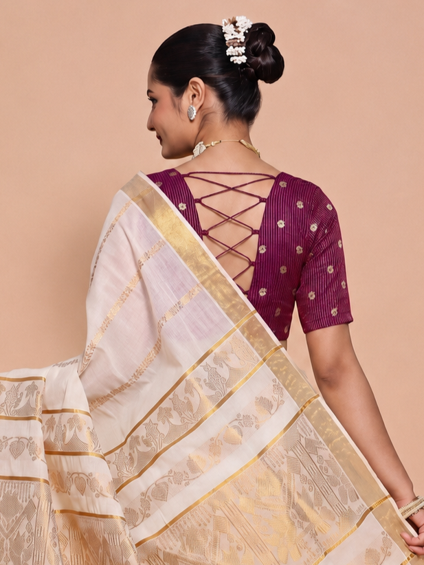 Madhura | Elbow Sleeve Plum Striped Peacock Brocade FlexiFit™ Saree Blouse