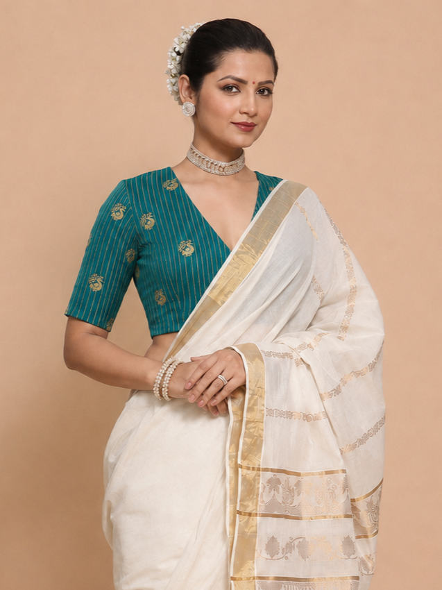 Madhura | Elbow Sleeve Mayur Green Striped Peacock Brocade FlexiFit™ Saree Blouse