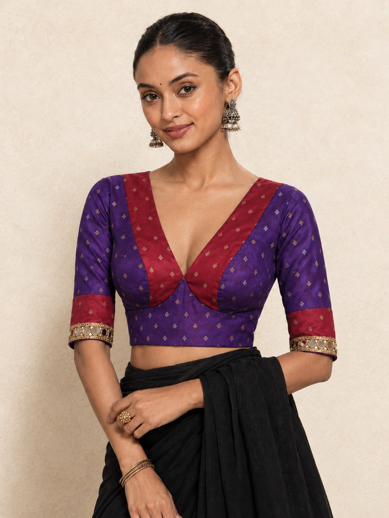 Kumari | Elbow Sleeve Red-Purple Viscose FlexiFit™ Saree Blouse