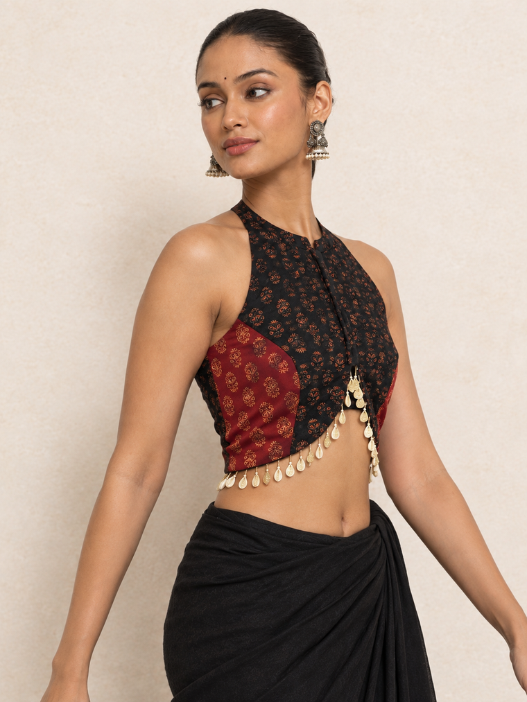 Thriti | Sleeveless Black Peacock Linen SculptFit™ Saree Blouse