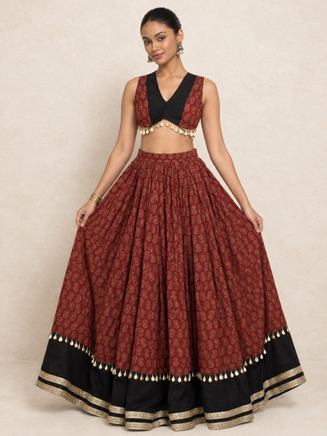 Vrinda | Block Printed Red Mango Cotton FlareFit™ lehenga