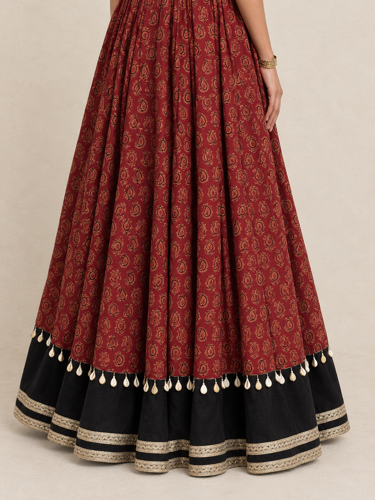 Vrinda | Block Printed Red Mango Cotton FlareFit™ lehenga