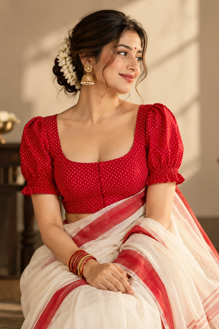 Durga | Puff Sleeve Embroidered Red Foil Chandheri SculptFit™ Saree Blouse