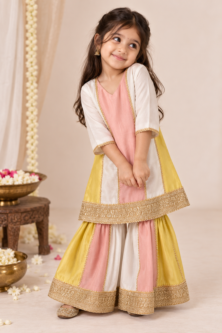 Zimiya x Tyohaar | Peach & Yellow Plain Chandheri Panelled Sharara Set