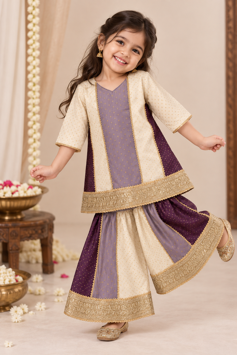 Alara x Tyohaar | Lilac & Purple Foil Chandheri Panelled Sharara Set