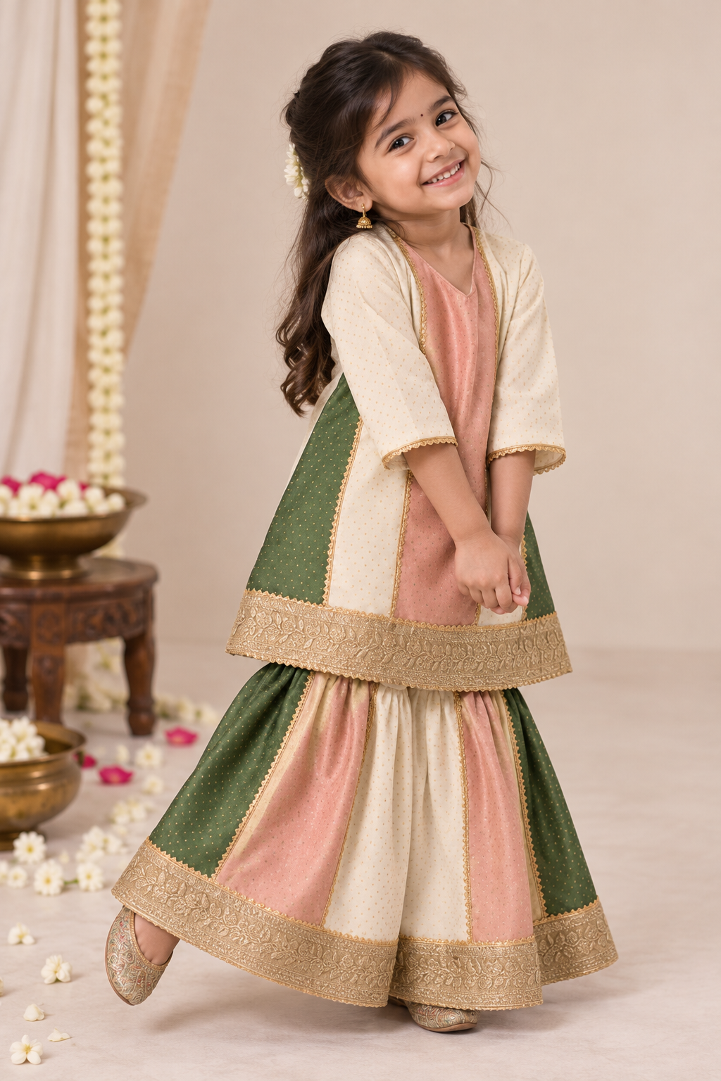 Alara x Tyohaar | Muted Copper & Green Foil Chandheri Panelled Sharara Set