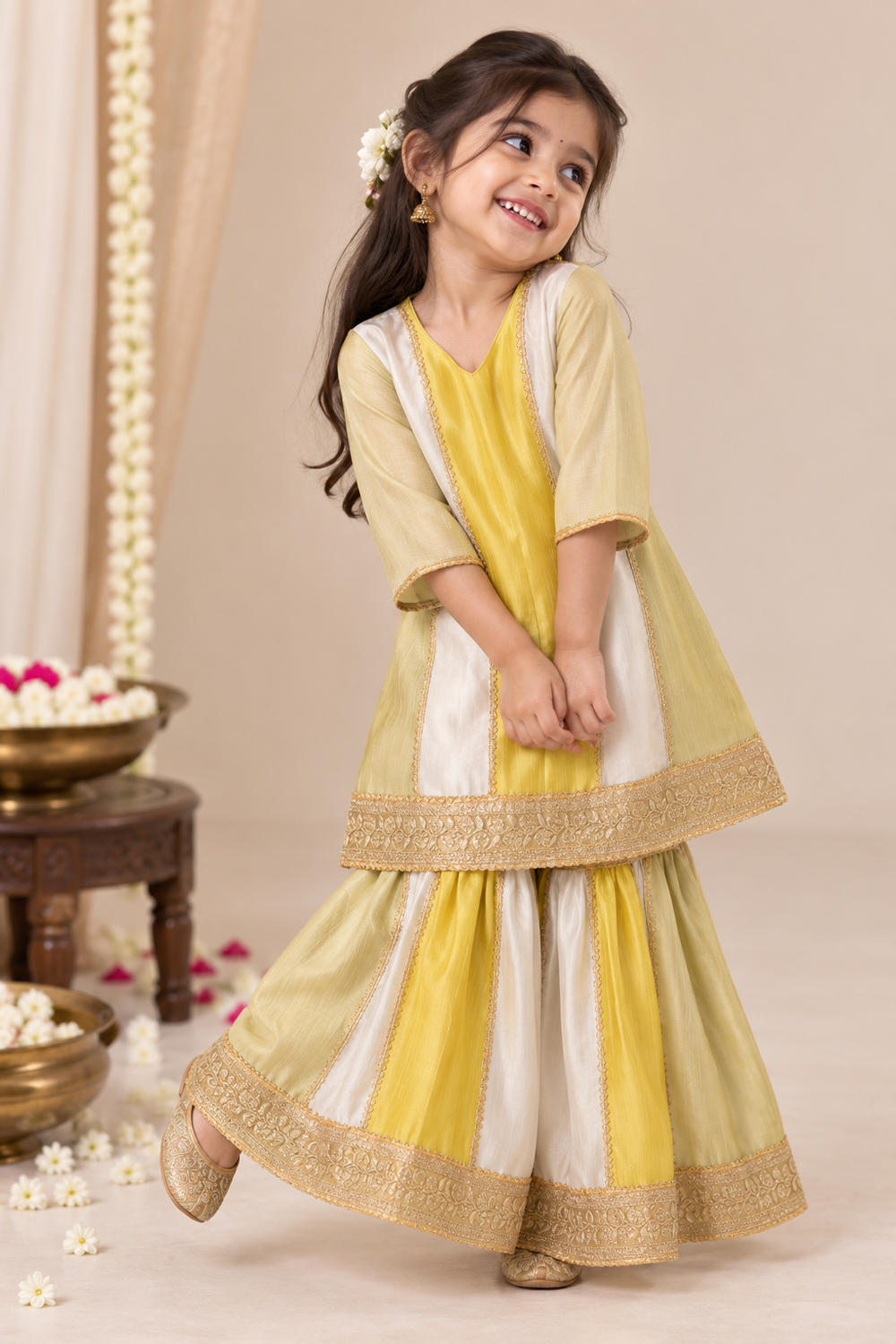 Zimiya x Tyohaar | Yellow Plain Chandheri Panelled Sharara Set