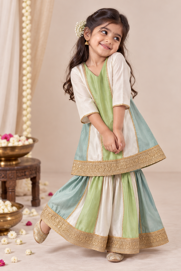 Zimiya x Tyohaar | Blue & Green Plain Chandheri Panelled Sharara Set