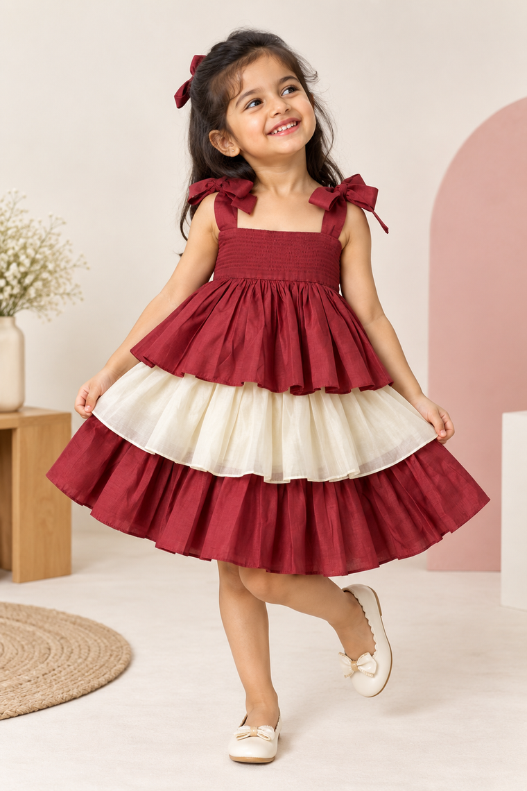 Evie x Tyohaar | Tiered Skirt & Top Set in Velvet Red Chanderi