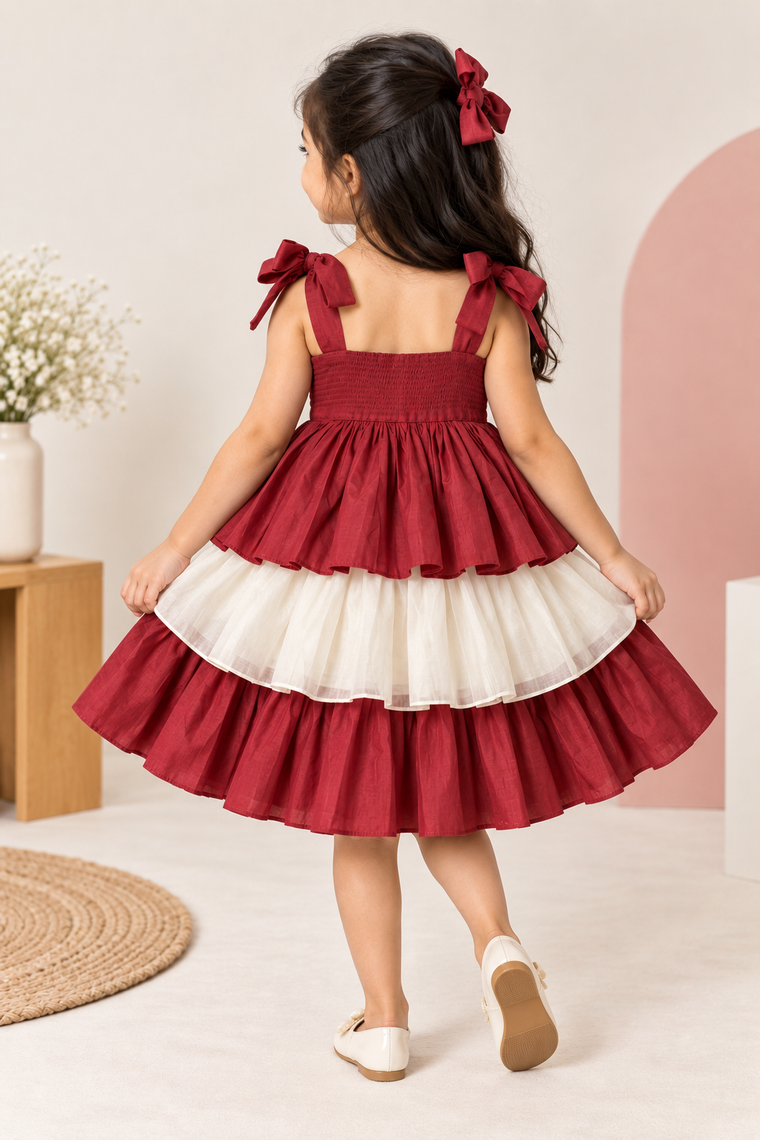 Evie x Tyohaar | Tiered Skirt & Top Set in Velvet Red Chanderi