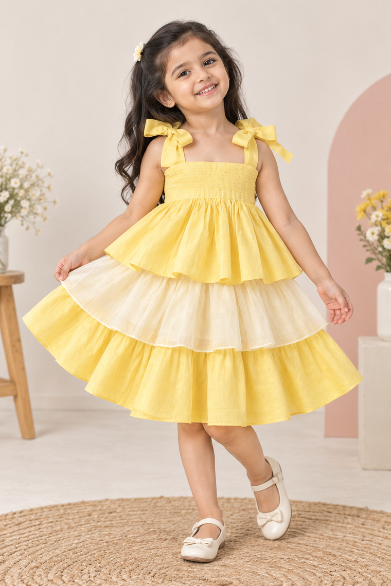 Evie x Tyohaar | Tiered Skirt & Top Set in Sunny Yellow Chanderi