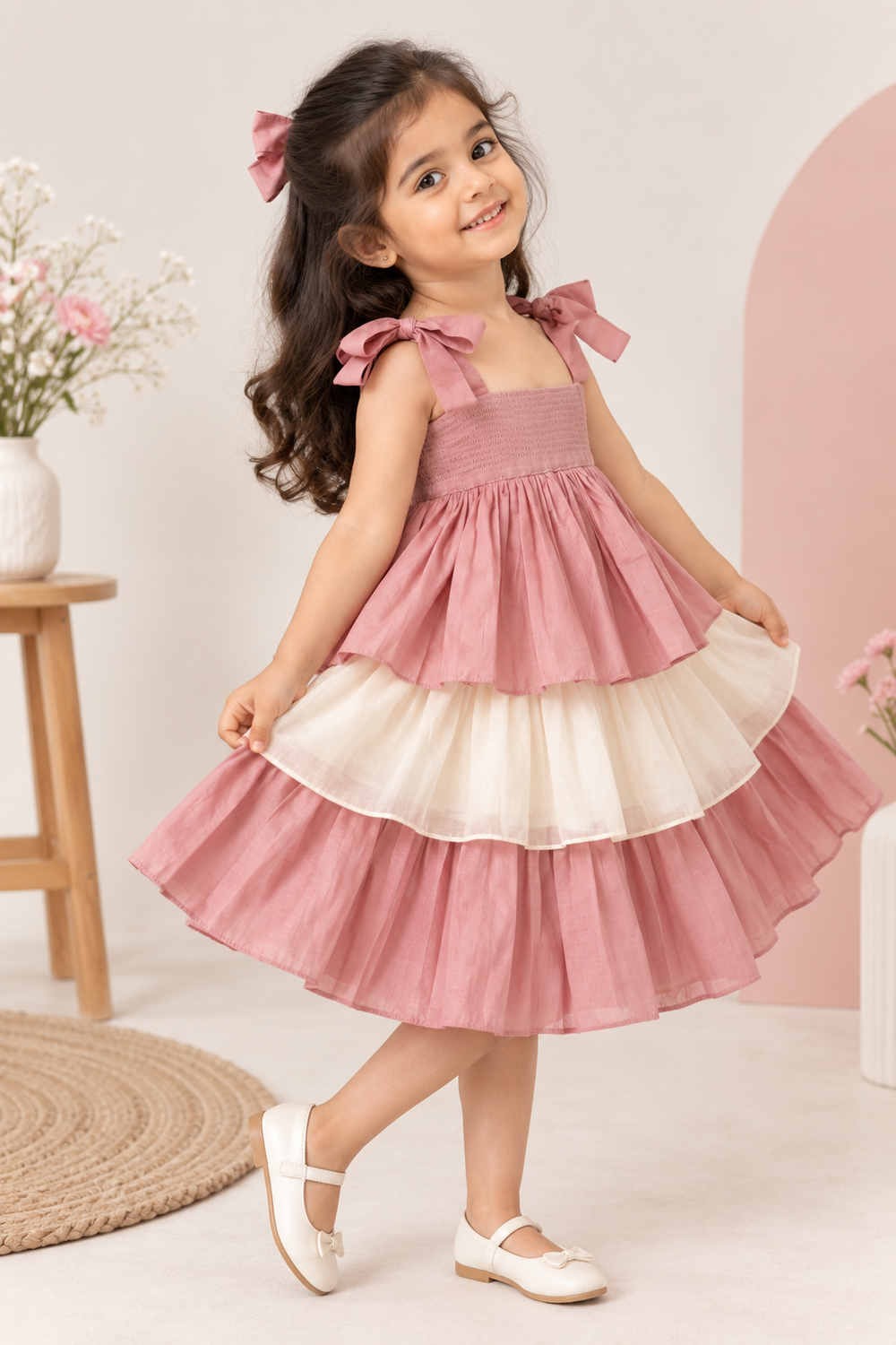 Evie x Tyohaar | Tiered Skirt & Top Set in Baby Pink Chanderi