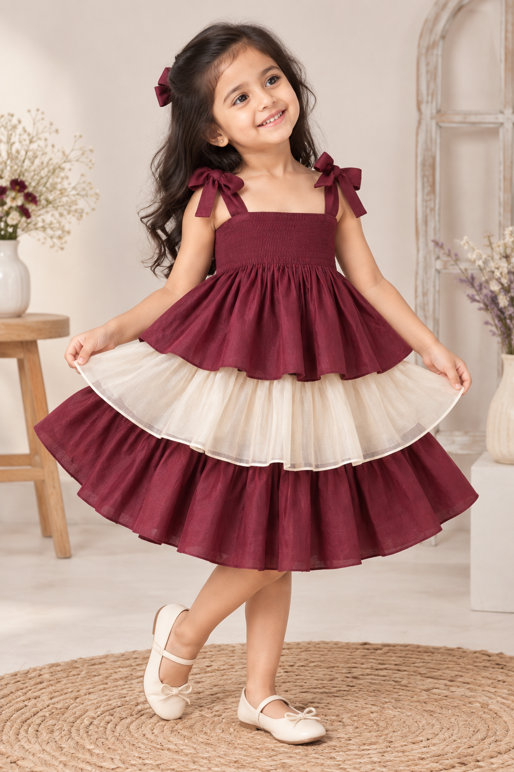 Evie x Tyohaar | Tiered Skirt & Top Set in Burgundy Chanderi