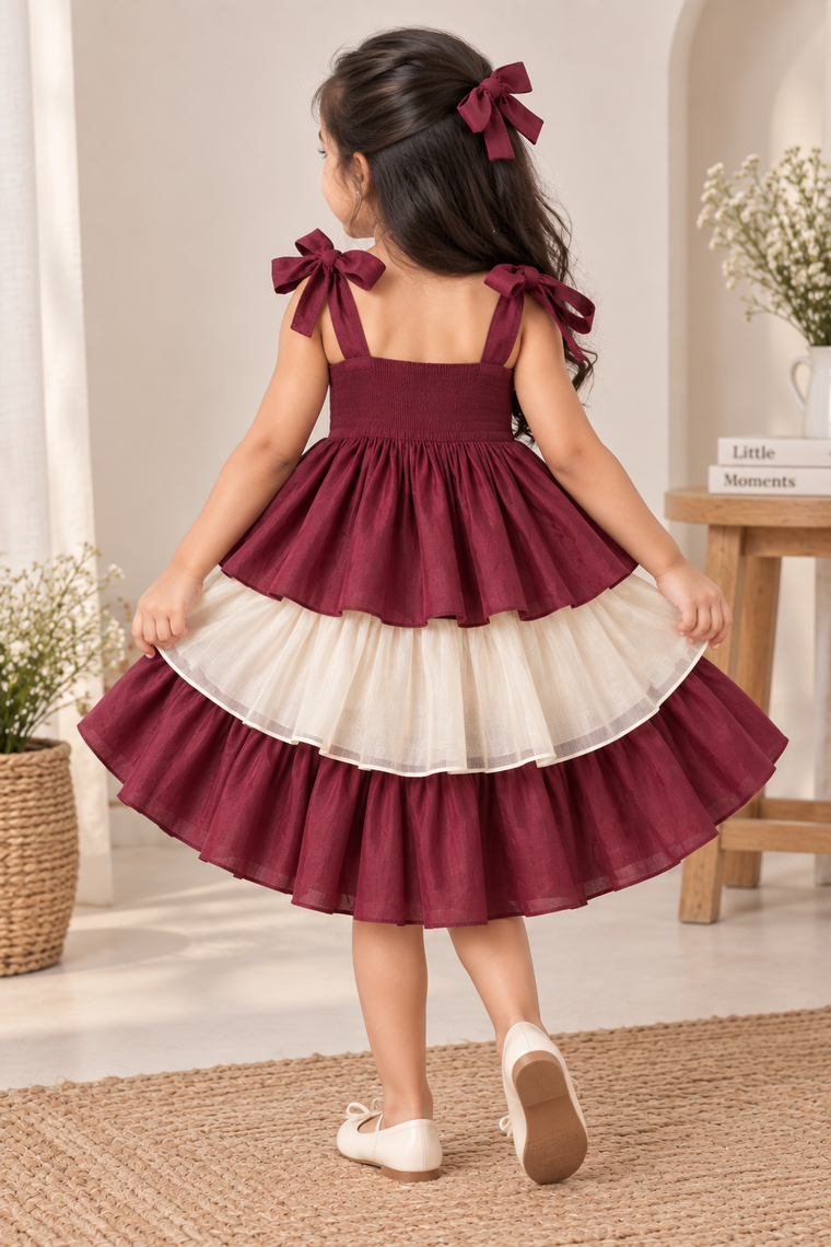 Evie x Tyohaar | Tiered Skirt & Top Set in Burgundy Chanderi
