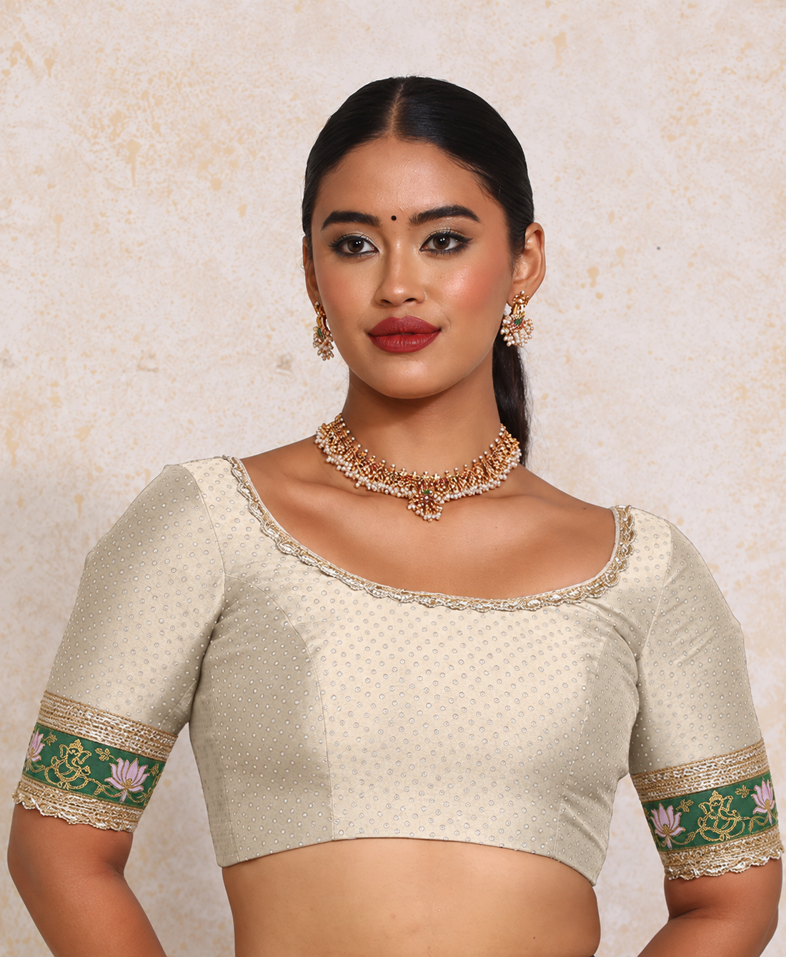 Asha x Tyohaar | Elbow Sleeves Oyster Grey Foil Chandheri Saree Blouse