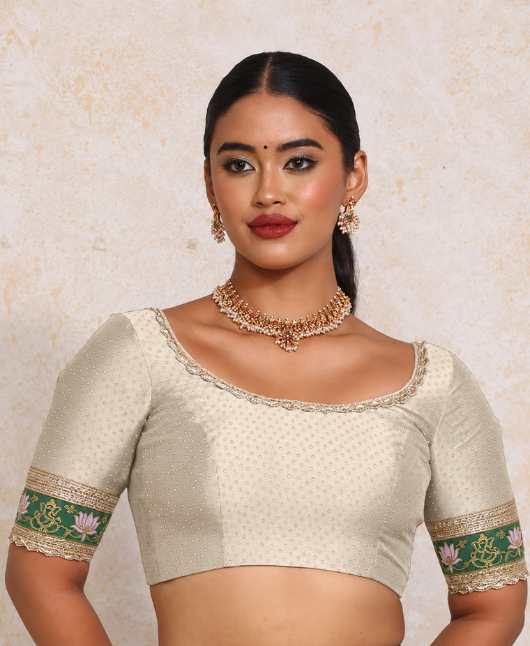Asha x Tyohaar | Elbow Sleeves Oyster Grey Foil Chandheri Saree Blouse