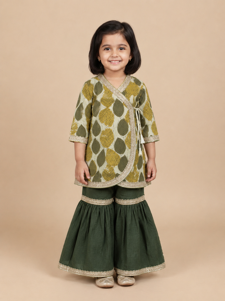 Mehri x Tyohaar | Angrakha-Sharara Set in Olive Foliage Block Print Cotton