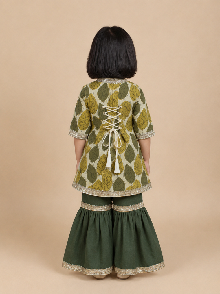Mehri x Tyohaar | Angrakha-Sharara Set in Olive Foliage Block Print Cotton