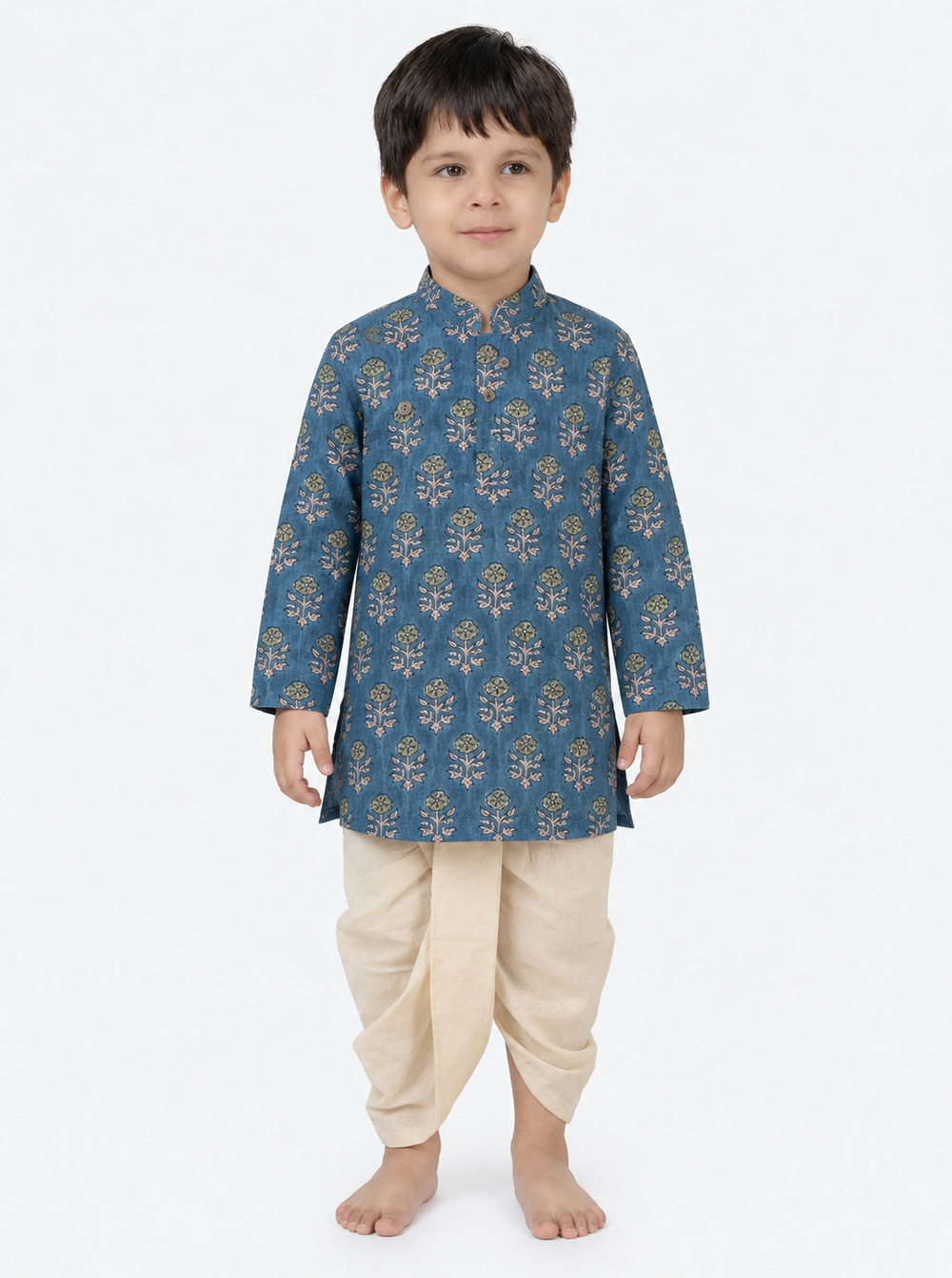 Arnav x Tyohaar | Kurta & Dhoti Pant Set in Blue Garden Block Print Cotton & Linen