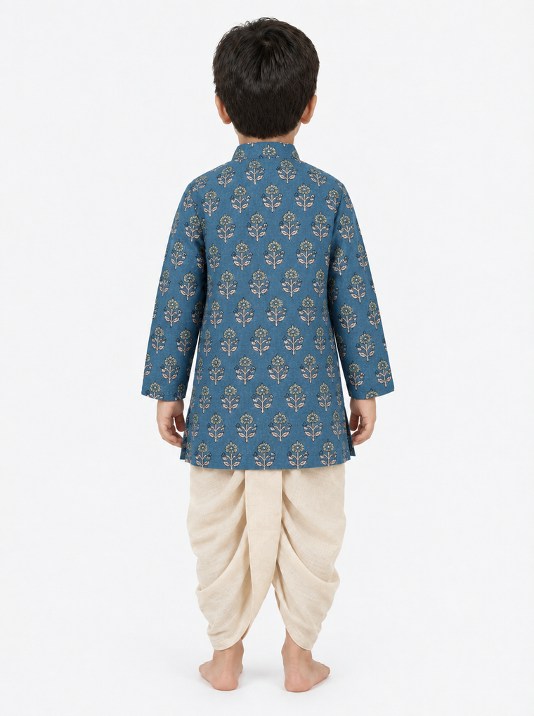 Arnav x Tyohaar | Kurta & Dhoti Pant Set in Blue Garden Block Print Cotton & Linen