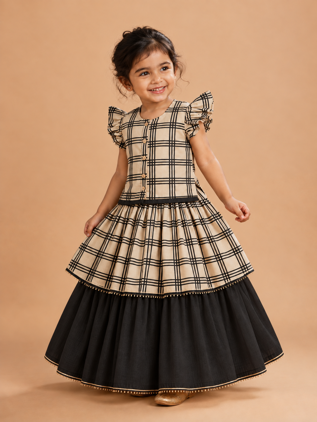 Rimli x Tyohaar | Tiered Lehenga Set in Cream Windowpane Check Block Print Cotton