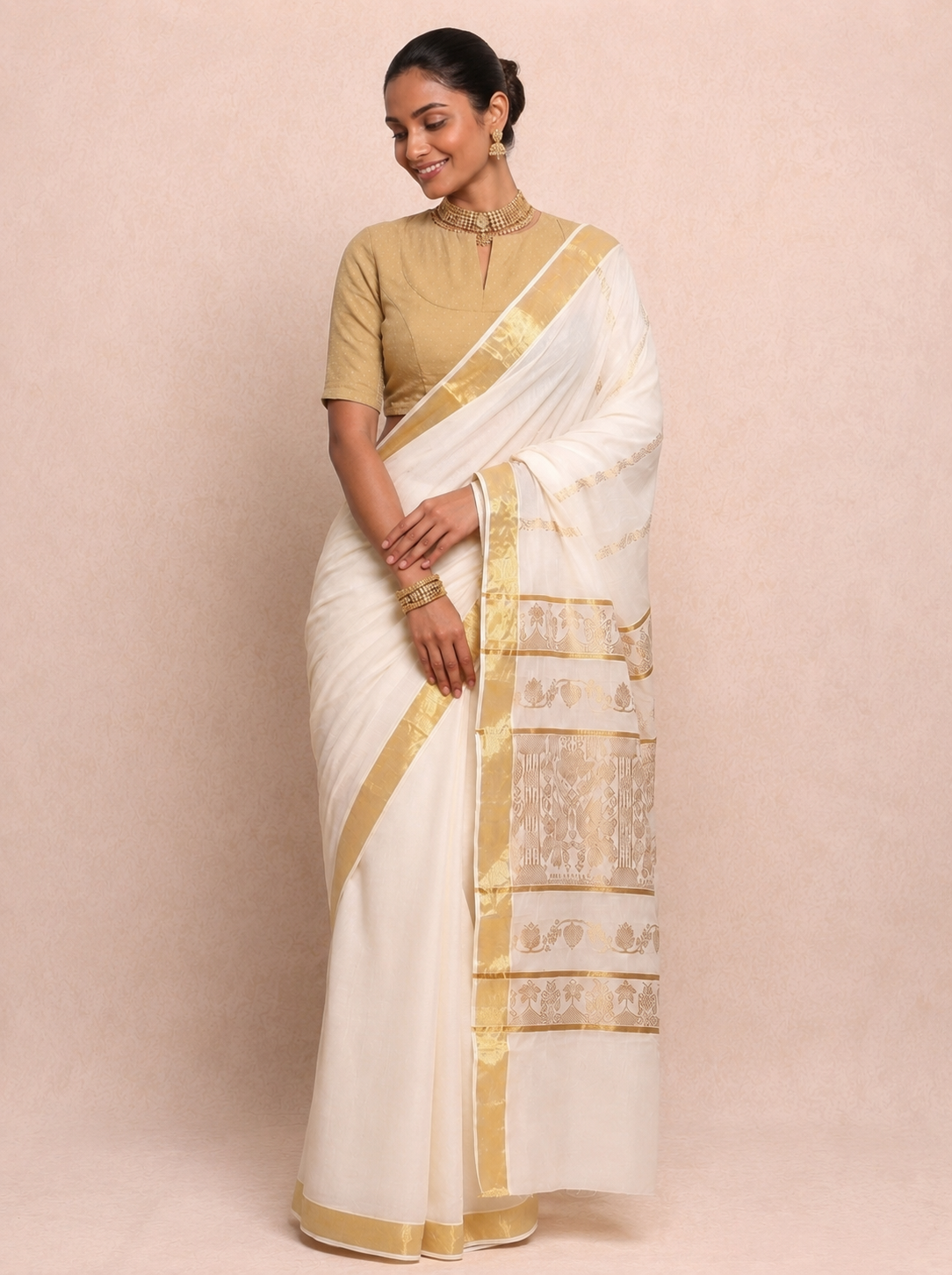 Kasavu-Kit Kasavu Saree with Bindu Elbow Sleeve blouse in Gold Foil Chandheri