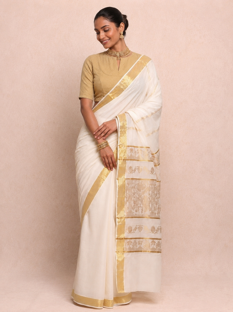 Kasavu-Kit Kasavu Saree with Bindu Elbow Sleeve blouse in Gold Foil Chandheri