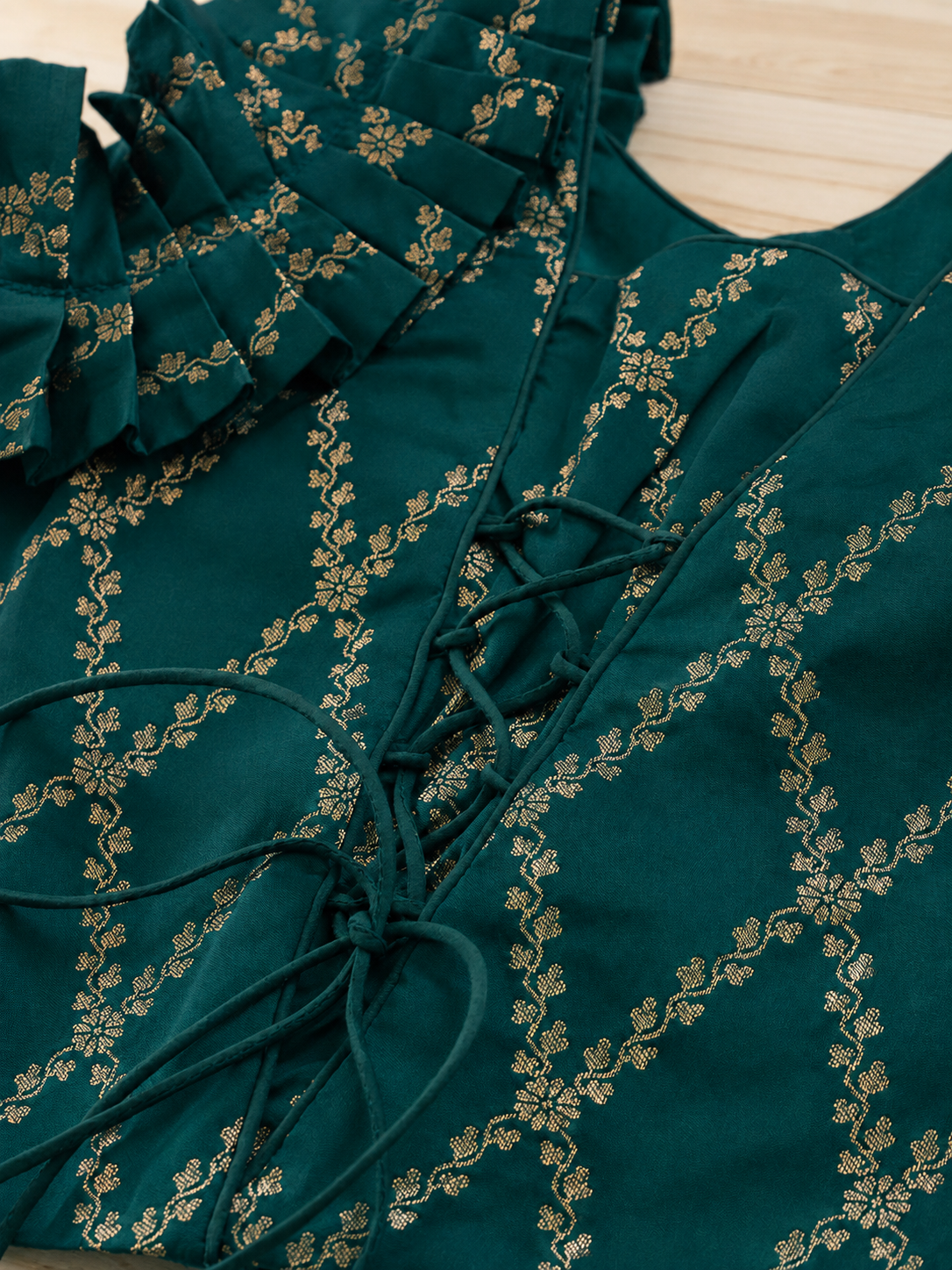 Pari x Tyohaar | Emerald Green Vine Mesh Brocade Ruffle Sleeve Pattu Pavadai