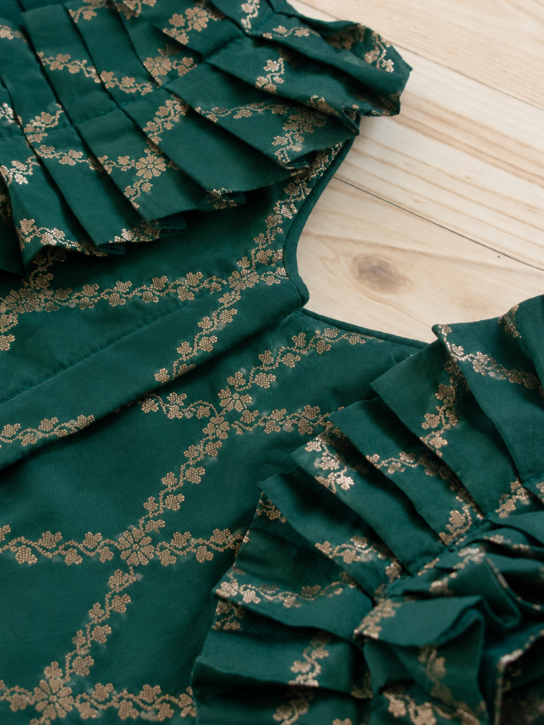 Pari x Tyohaar | Emerald Green Vine Mesh Brocade Ruffle Sleeve Pattu Pavadai