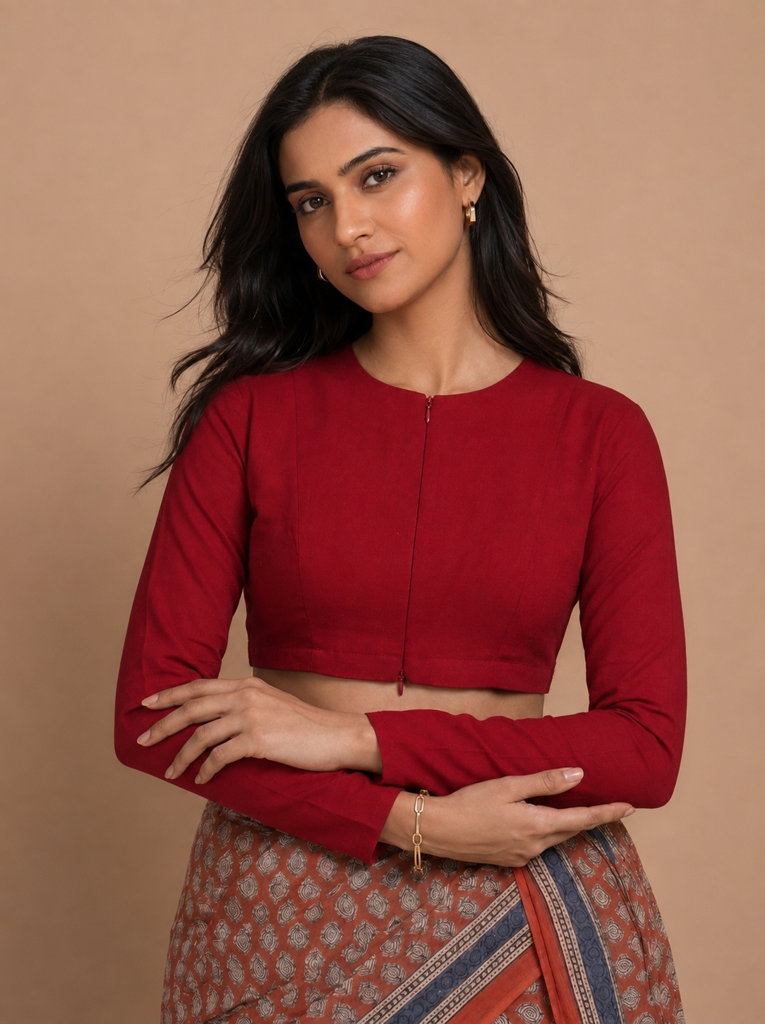 Viyanka | Jewel Neck Cherry Red Rayon Lycra StretchFit™ Saree Blouse