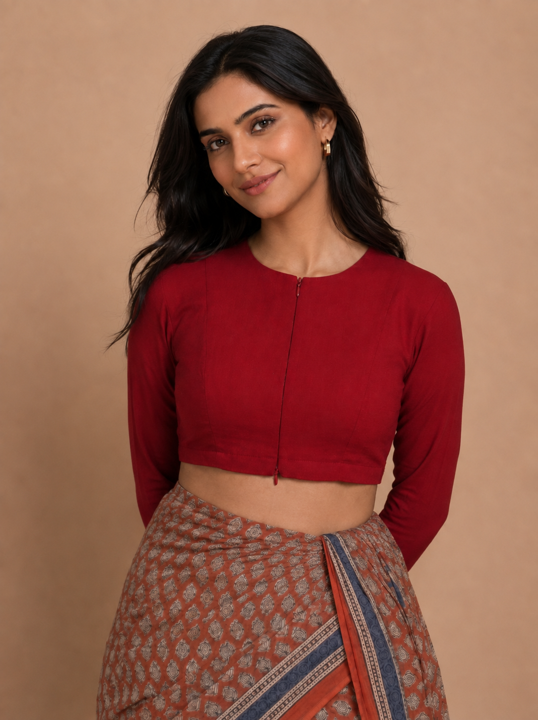 Viyanka | Jewel Neck Cherry Red Rayon Lycra StretchFit™ Saree Blouse