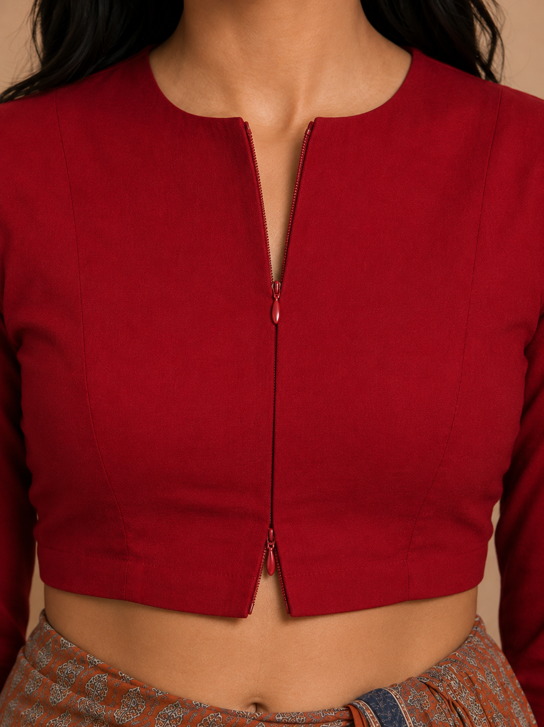 Viyanka | Jewel Neck Cherry Red Rayon Lycra StretchFit™ Saree Blouse