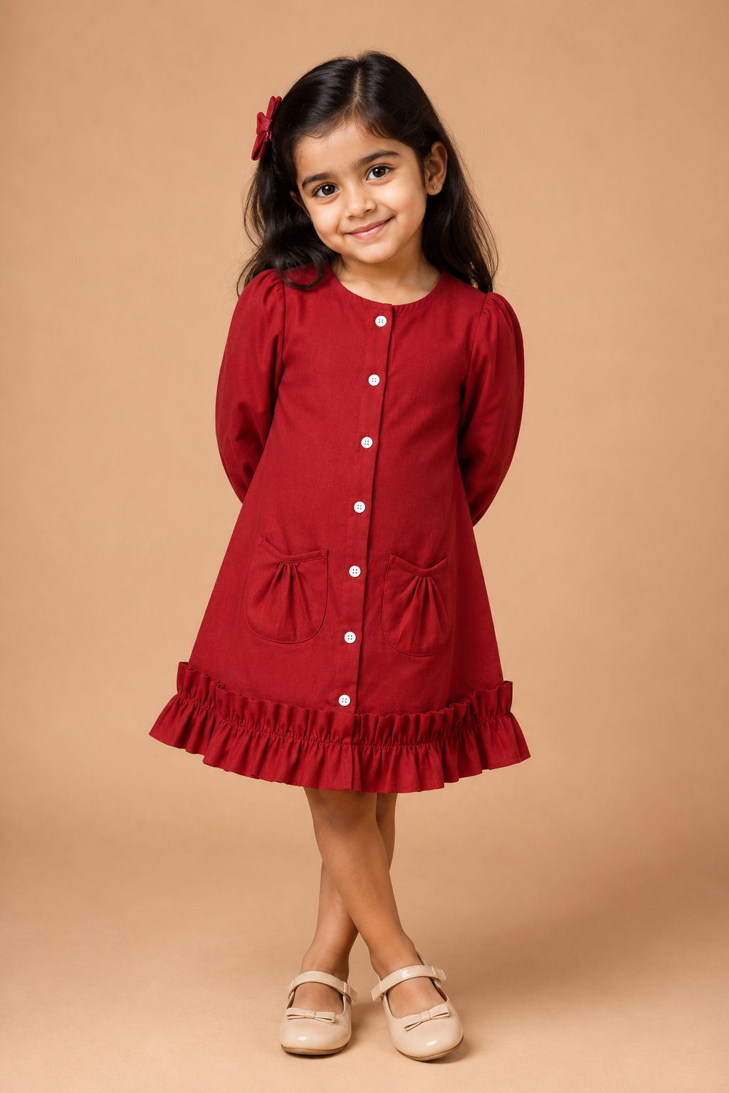Gigi x Tyohaar | A-line Frock with Bubble Sleeve in Cranberry Red Linen